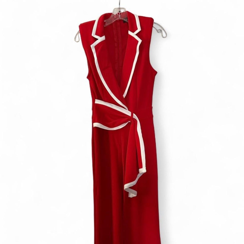 Elegant Red Sleeveless Jumpsuit with White Trim